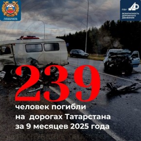 За 9 месяцев 2025 года на дорогах Татарстана погибли 239 человек
