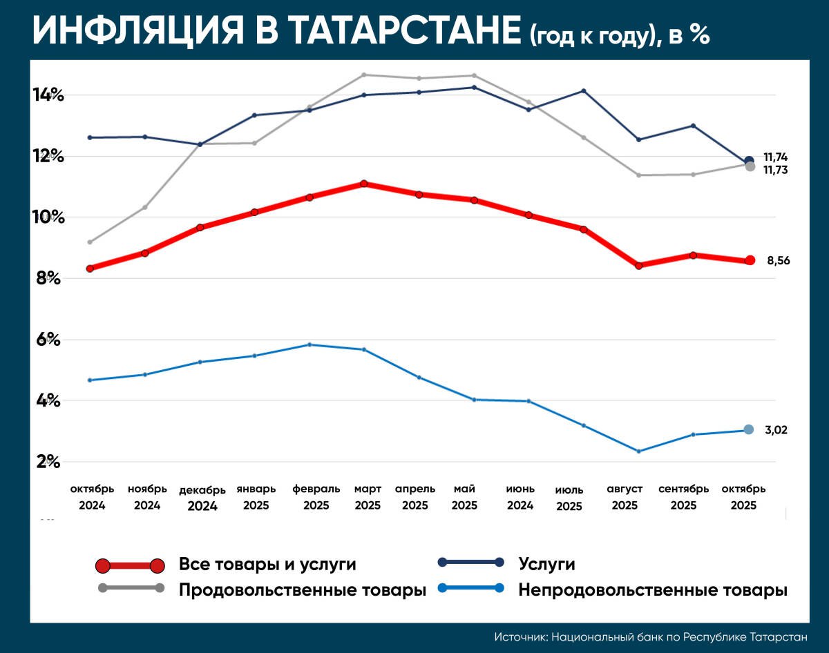 Годовая инфляция в Татарстане в октябре замедлилась до 8,56% Годовая инфляция в Татарстане в октябре замедлилась до 8,56%