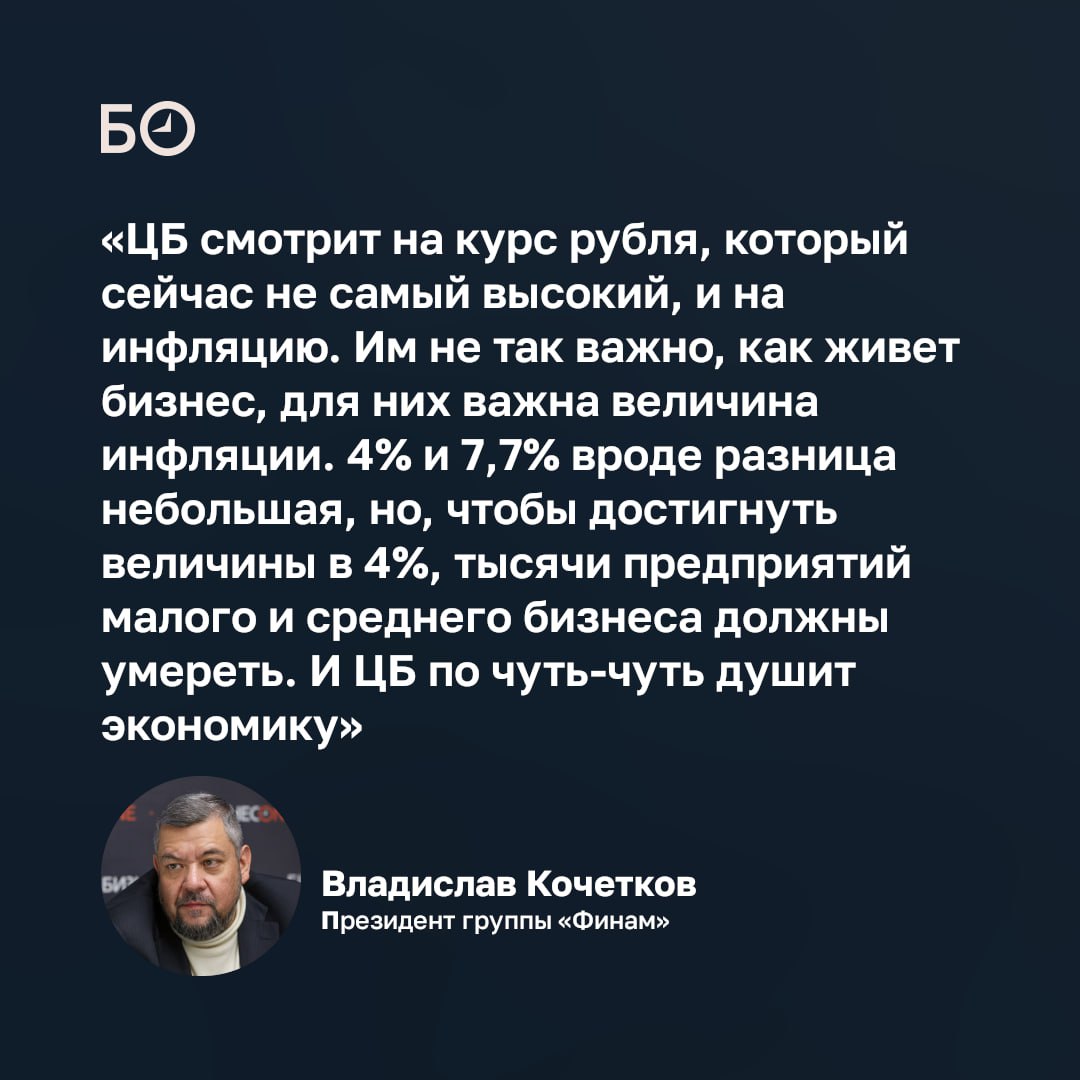 «Чтобы достичь инфляции в 4%, тысячи предприятий должны умереть», — такой апокалиптичный прогноз дает на 2026 год президент группы «Финам» Владислав Кочетков в интервью БИЗНЕС Online «Чтобы достичь инфляции в 4%, тысячи предприятий должны умереть», — такой апокалиптичный прогноз дает на 2026 год президент группы «Финам» Владислав Кочетков в интервью БИЗНЕС Online