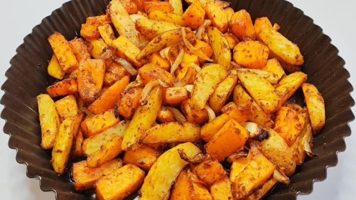 Запеченные овощи: тыква, картофель и лук без масла