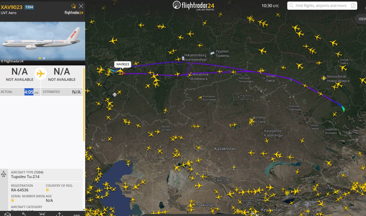 Новый пассажирский самолет Ту-214, построенный в Казани для авиакомпании «ЮВТ Аэро», прямо сейчас проводит испытательный полёт по маршруту Казань - Горно-Алтайск Новый пассажирский самолет Ту-214, построенный в Казани для авиакомпании «ЮВТ Аэро», прямо сейчас проводит испытательный полёт по маршруту Казань - Горно-Алтайск