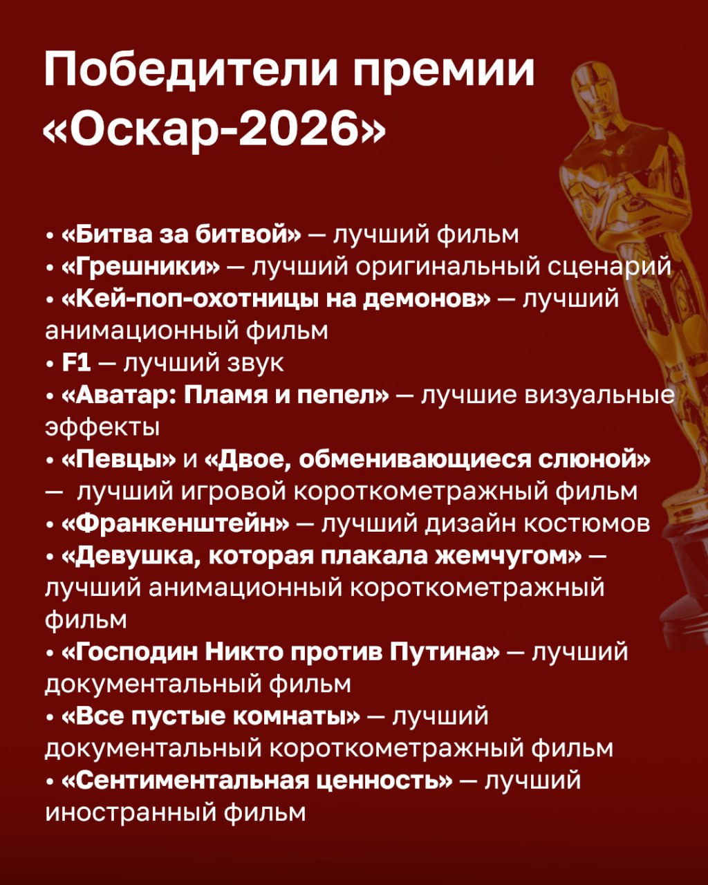 Фильм «Битва за битвой» стал главным триумфатором прошедшей церемонии «Оскар», получив шесть наград Фильм «Битва за битвой» стал главным триумфатором прошедшей церемонии «Оскар», получив шесть наград