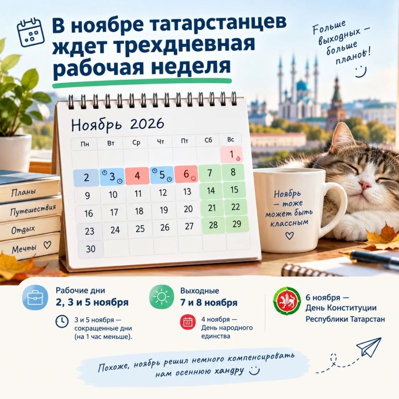 В ноябре татарстанцев ждет самая короткая рабочая неделя