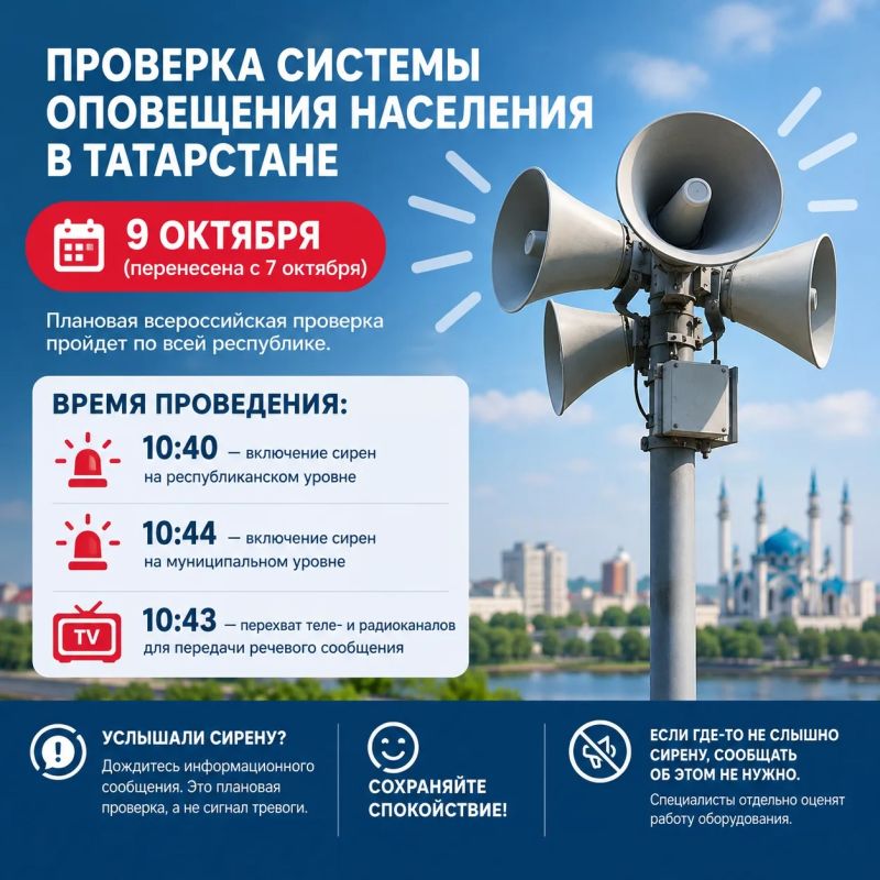 Напоминаем! Завтра в Татарстане проверят систему оповещения населения